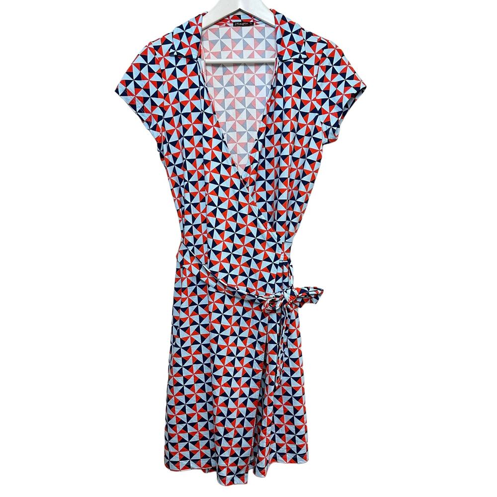 J. McLaughlin Lila Collared Wrap Dress Cap Sleeve Geometric Blue Red Medium